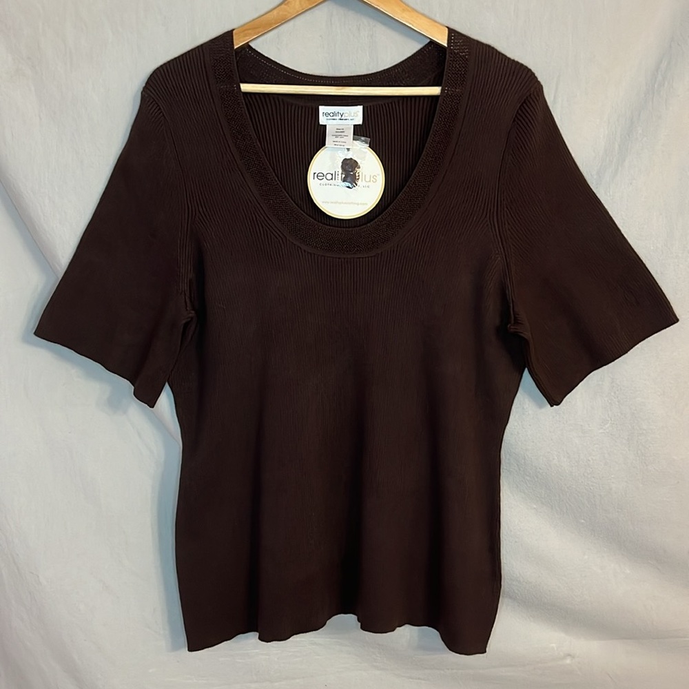 Dark Brown, Lattice Trim, Short Sleeve Sweater by Reality Plus 1X NWT